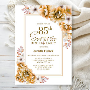 Modern Orange Floral Surprise 85th Birthday Party Invitation