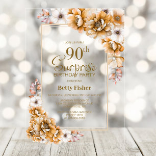 Modern Orange Floral Surprise 90th Birthday Party Acrylic Invitations