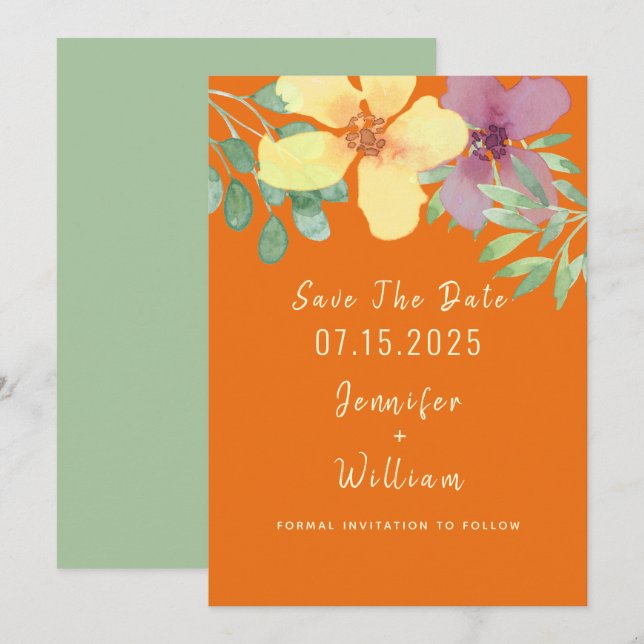 Modern Orange Floral Wedding Save The Date (Front/Back)