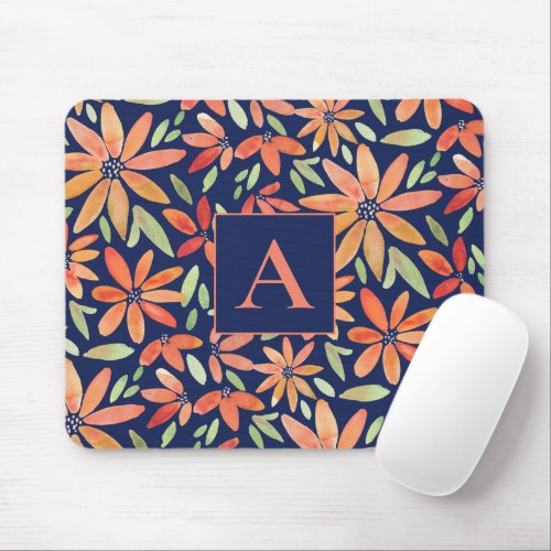 Modern Orange Flower Navy Blue Monogram Mouse Pad