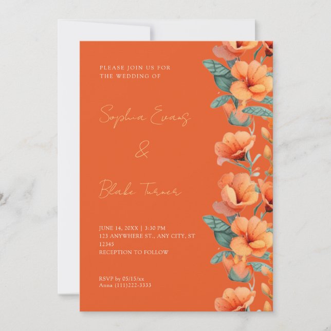 Modern Orange Flowers Fall Orange Wedding Invitation (Front)