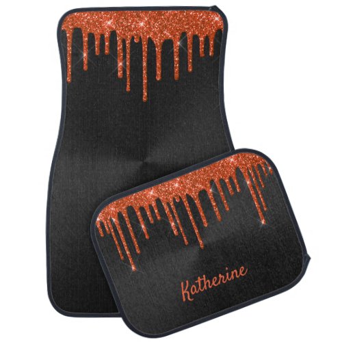 Modern Orange Glitter Drips Monogram Car Floor Mat