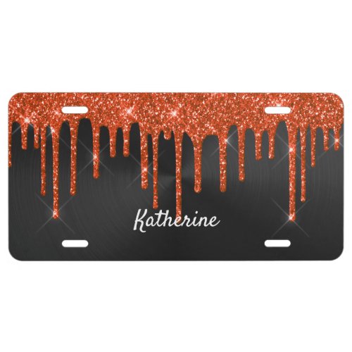 Modern Orange Glitter Drips Name License Plate