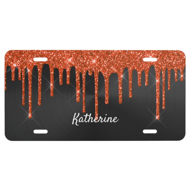 Modern Orange Glitter Drips Name License Plate (Front)
