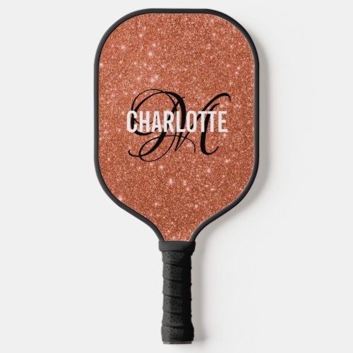 Modern orange glitter script monogram name   pickleball paddle