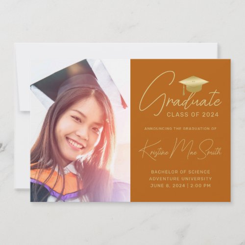 Modern Orange Gold Script Photo College Graduation Announcement