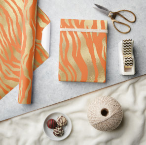 Modern Orange Gold Shimmer Tiger Stripes Birthday Wrapping Paper