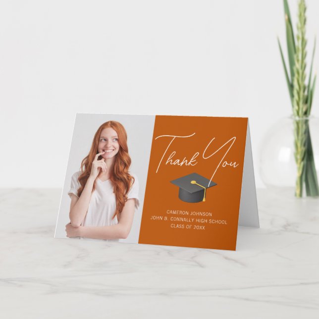 Modern Orange Graduate Photo Custom Graduation Thank You Card (Front)