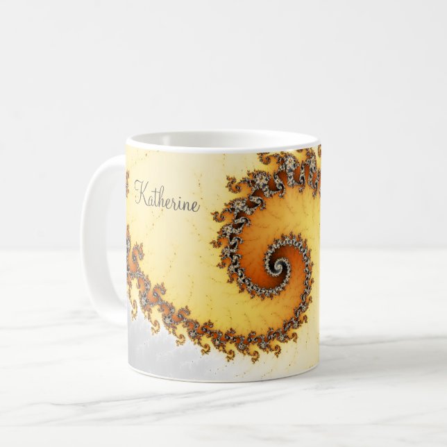 Modern Orange Gray Spiral Fractal With Name Coffee Mug (Front Left)