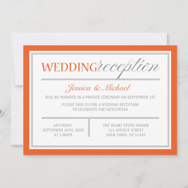 Modern Orange & Gray Wedding Reception Invitations (Front)