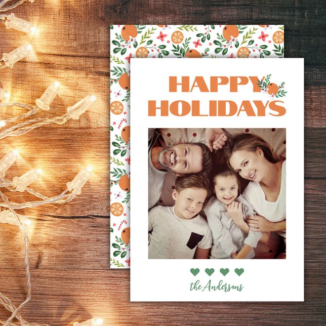 Modern Orange Green Christmas Family Photo  Holiday Card (Christmas Orange Green Modern Family Photo Happy Holiday Card)