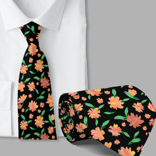Modern orange green watercolor flowers neck tie