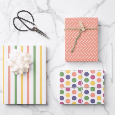 Modern Orange, Green, Yellow Stripes and Polka Dot Wrapping Paper Sheets