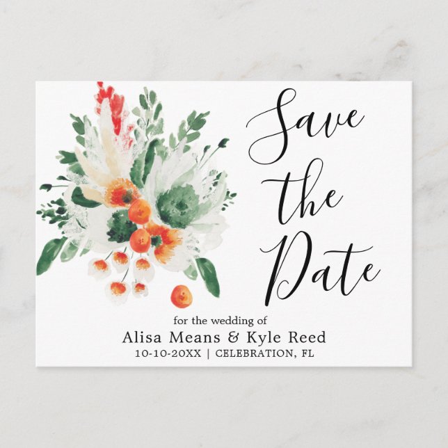 Modern Orange Greenery Wildflowers Floral Announcement Postcard (Front)