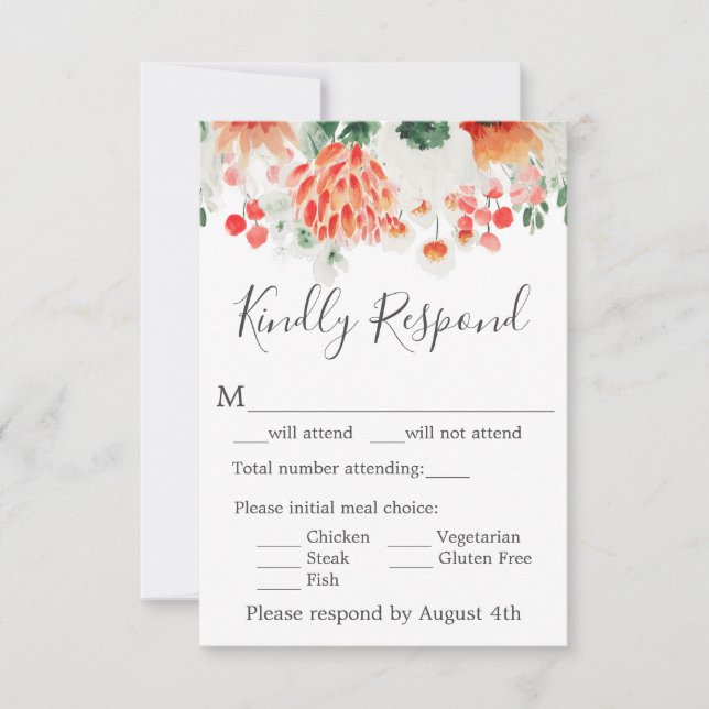 Modern Orange Greenery Wildflowers Floral RSVP Card (Front)