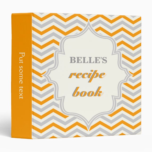 Modern orange, grey chevron zigzag recipe binder (Front/Spine)