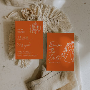 Modern Orange Hand Drawn Retro Summer Wedding Save The Date