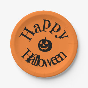 Modern Orange Happy Halloween Pumpkin Paper Plates