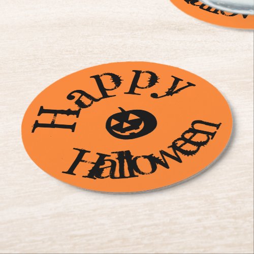 Modern Orange Happy Halloween Pumpkin Round Paper Coaster