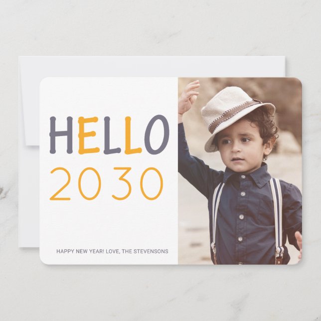 Modern orange Hello 2019 New Year typography photo Holiday Card (Front)