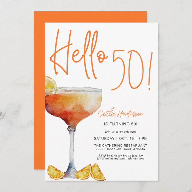 Modern Orange Hello 50th Birthday Invitation (Front/Back)