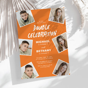 Modern Orange Joint Photo Birthday Party Invitation