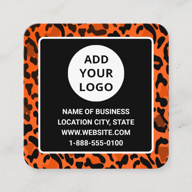 Modern Orange Leopard Print Custom Logo QR Code Square Business Card (Front)