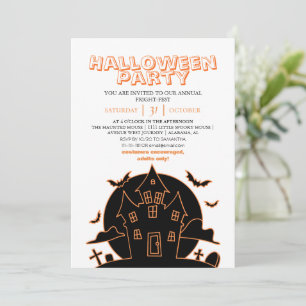 Modern Orange Line Art Haunted House Halloween Invitation