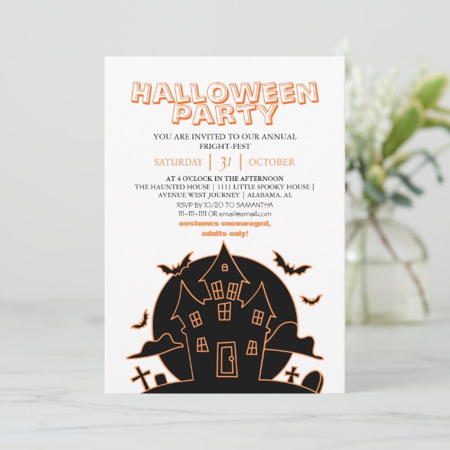 Modern Orange Line Art Haunted House Halloween Invitation (Standing Front)