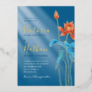 Modern Orange Lotus Flower Blue Wedding Invitation Foil Invitation