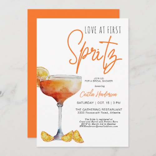 Modern Orange Love At First Spritz Bridal Shower Invitation