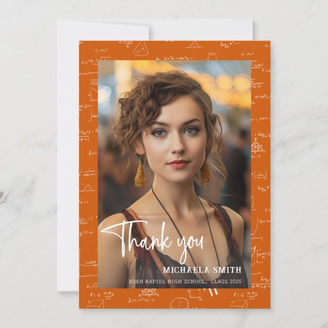 Modern Orange Math Script Photo Graduation  Thank You Card (Front)