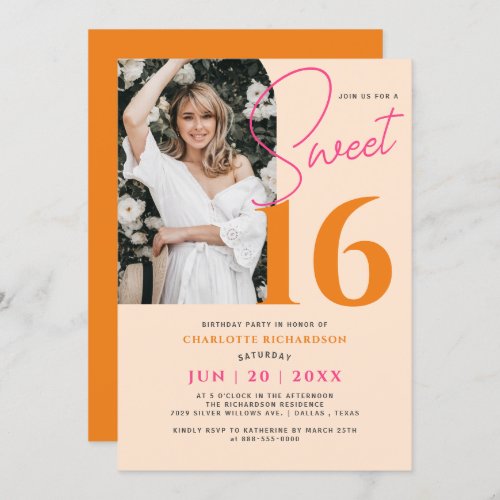 Modern Orange Minimalist Sweet 16 Birthday Photo Invitation