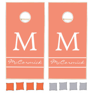 Modern Orange Monogram Script Name Wedding Cornhole Set