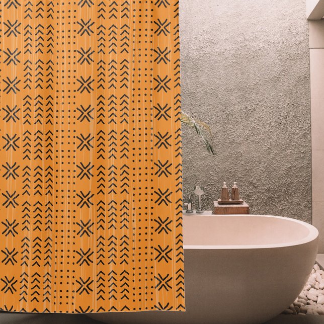 Modern Orange Mudcloth African Pattern Shower Curtain (Creator Uploaded)