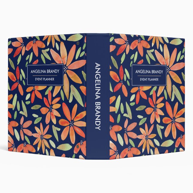 Modern Orange & Navy Blue Floral Botanical 3 Ring Binder (Background)