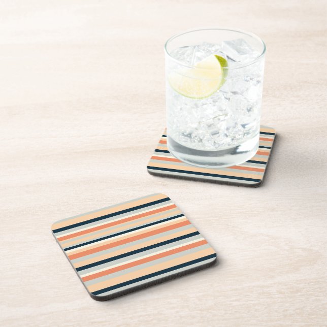 Modern Orange & Navy Vertical Stripe Patterned Beverage Coaster (Right Side)