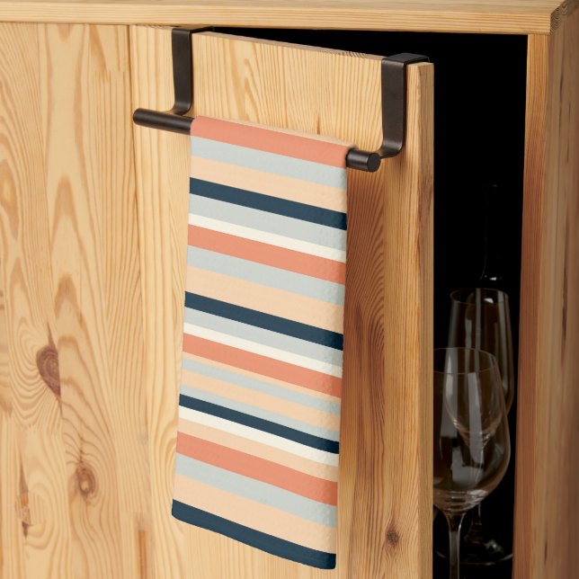 Modern Orange & Navy Vertical Stripe Patterned Kitchen Towel (Thirds Fold)