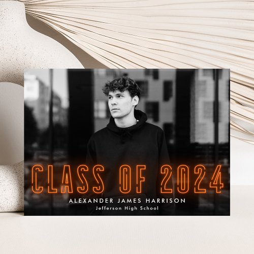 Modern Orange Neon Class of 2024 Photo Graduation Announcement