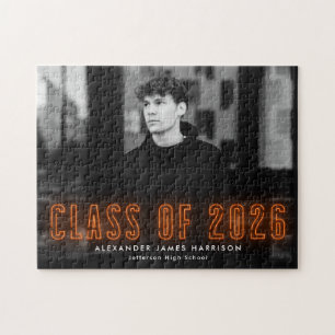 Modern Orange Neon Class of 2026 Graduation Photo Jigsaw Puzzle