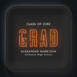 Modern Orange Neon Graduation Paper Plates<br><div class="desc">Modern graduation paper plates featuring "Grad" displayed in orange neon lettering with a black background (or color of your choice). Personalize the neon graduation plates with the graduate's name, school name, and graduation year. The personalized graduation paper plates are perfect to use for both high school and college graduation parties!...</div>