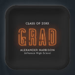 Modern Orange Neon Graduation Paper Plates<br><div class="desc">Modern graduation paper plates featuring "Grad" displayed in orange neon lettering with a black background (or color of your choice). Personalize the neon graduation plates with the graduate's name, school name, and graduation year. The personalized graduation paper plates are perfect to use for both high school and college graduation parties!...</div>