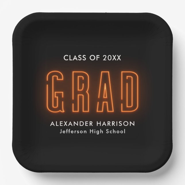 Modern Orange Neon Graduation Paper Plates (Front)