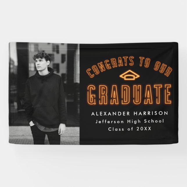 Modern Orange Neon Photo Graduation Party Banner (Horizontal)