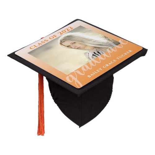 Modern Orange Ombre Graduate Photo Graduation Cap Topper