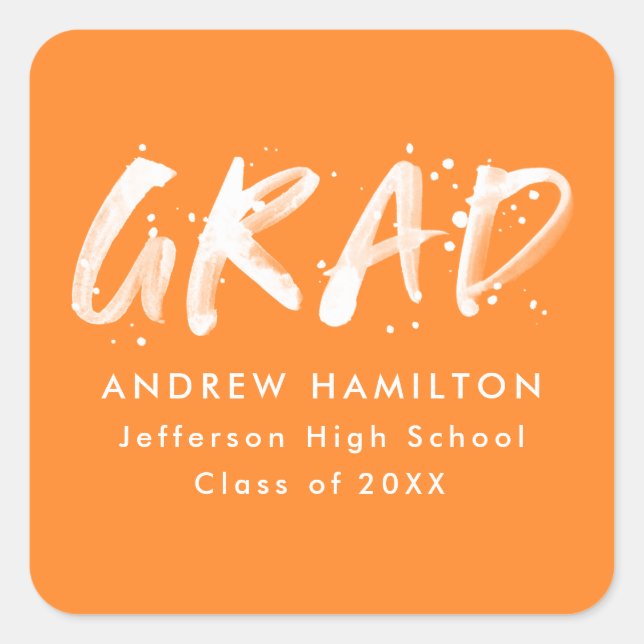 Modern Orange Paint Splatter Graduation Square Sticker (Front)