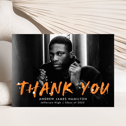 Modern Orange Paint Splatter Photo Graduation Thank You Card