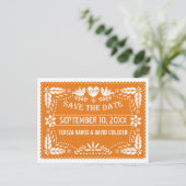 Modern orange papel picado wedding Save the Date Announcement Postcard (Standing Front)
