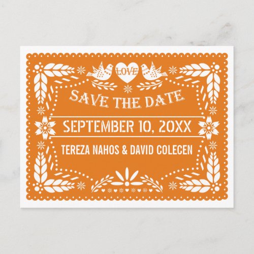 Modern orange papel picado wedding Save the Date Announcement Postcard
