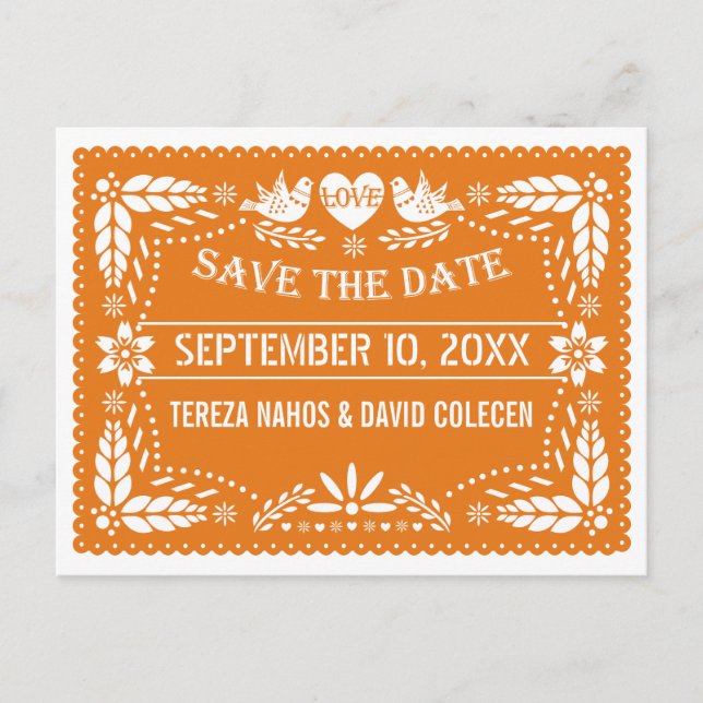 Modern orange papel picado wedding Save the Date Announcement Postcard (Front)